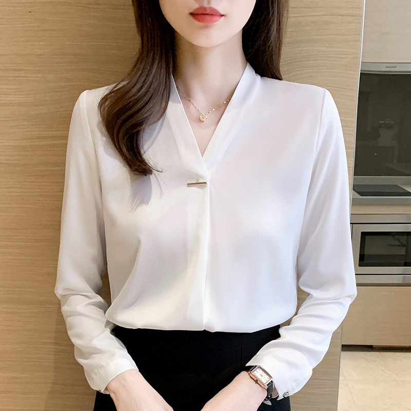 Long-Sleeved White Shirt, Feminine Professional Workwear, 2026 Spring and Summer Loose V-Neck Top, Chiffon Shirt, Work Clothes Long-Sleeved White Shirt, Feminine Professional Workwear, 2026 Spring and Summer Loose V-Neck Top, Chiffon Shirt, Work Clothes