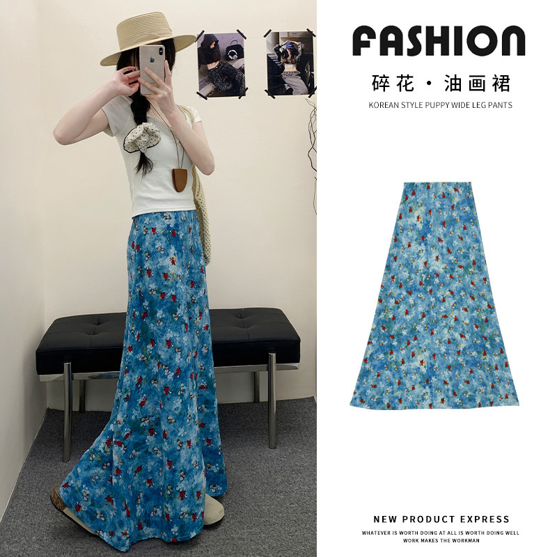 Cotton Blue Floral Fishtail Skirt for Women, High-Waisted, Slimming, Casual A-Line Hip-Hugging Skirt, Loose Long Skirt with Drape Effect