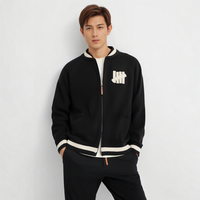 Hiauto Und Five-Stripe Autumn and Winter Celebrity Style Patchwork Sweater for Men and Women, Couple's Flocked Pattern Thickened Jacket