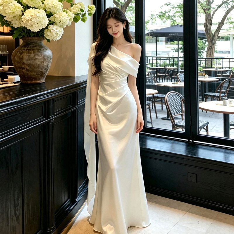 French-Style White Engagement Dress 2026 New Satin Registration Dress Elegant Birthday Party Dress