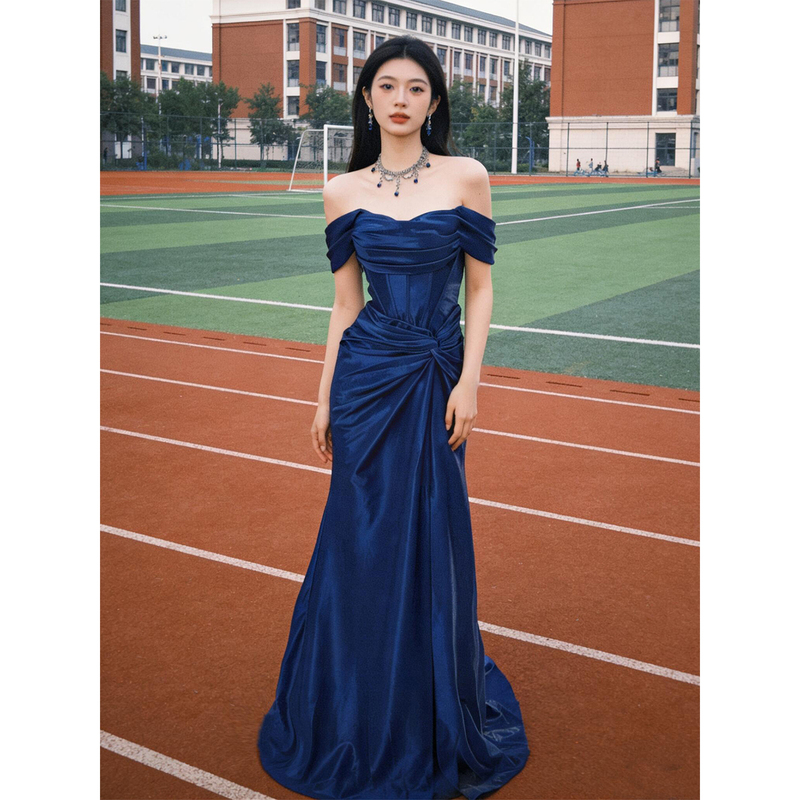 Blue One-Shoulder Evening Dress for Women 2026 New Style High-End Student Host Coming-Of-Age Ceremony Fishtail Dress Summer