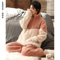 Autumn and winter pajamas ladies plus velvet toppadded home clothing winter warm coral velvet flannel pullover zipper set