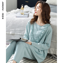 Spring and Autumn Pajamas ladies hemp long sleeve spring cotton cotton silk home clothes linen round neck large size pullover