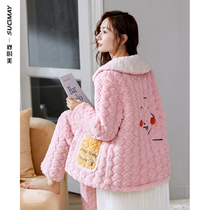 Coral velvet pajamas womens autumn and winter super thick plus velvet three-layer cotton 2021 new home wear sweet suit