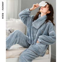 Pajamas women winter coral velvet thickened plus velvet bib to keep warm autumn and winter lovely winter flannel home suit