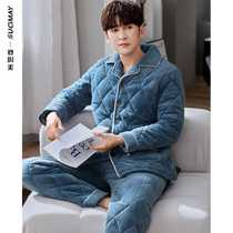Pajamas mens winter padded velvet three-layer cotton middle-aged home clothing super thick warm coral velvet suit outside