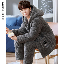 Pajamas mens winter three layers of thick cotton and velvet coral fleece cotton jacket home clothing Mens winter 2021 New