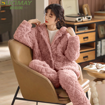Pajamas womens winter thickened velvet coral velvet three-layer clip cotton-padded jacket flannel home clothing pink 2020 New