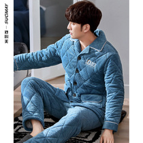 Pajamas mens winter three-layer thickened cotton warm coral velvet flannel home clothing set middle-aged dad