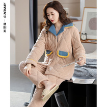 Pajamas women winter coral velvet thickened snow grain velvet clip cotton jacket warm plus velvet autumn winter large size set