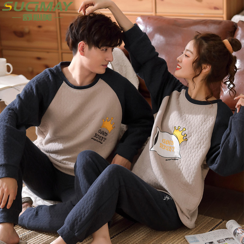 Couple sleeping clothes autumn and winter style women air cotton pure cotton long sleeve sandwich clip cotton men's spring and autumn thin family clothes suit