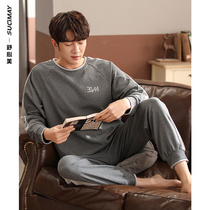 Pajamas mens spring and autumn autumn cotton long sleeves home clothing mens cotton autumn and winter young sports style stitching