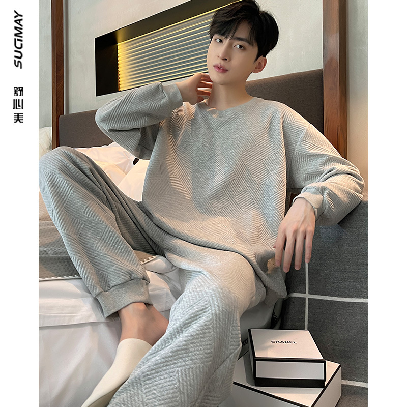 Men's Pure Cotton Pajamas That Can Be Worn Outside, Autumn Long-Sleeved Long Pants Set, Men's Autumn and Winter Loungewear, Men's Spring and Autumn Style, Large Size