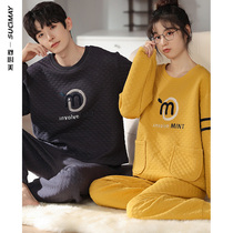 Couples pajamas womens autumn and winter cotton thickened air cotton sandwich cotton cotton home clothing mens thick can be worn outside