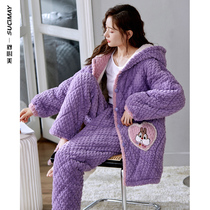 Pajamas ladies home clothes autumn and winter winter three-layer cotton-padded jacket coral velvet plus velvet padded cartoon rabbit set