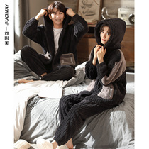 Can be worn outside couple pajamas male and female coral velvet autumn and winter button hooded plus velvet flannel home wear
