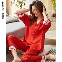 Pajamas Ladies Spring and Autumn Autumn Silk Ice Silk long sleeve home clothes this year big red wedding wedding set