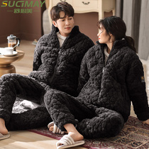 Couples pajamas womens winter thickened mens coral velvet three-layer clip cotton-padded jacket stand collar autumn and winter New Home wear