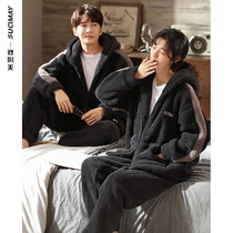 Couple pajamas winter coral velvet women padded velvet cardigan home clothes autumn and winter flannel can be worn outside suit