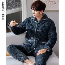 Coral velvet pajamas mens autumn and winter padded velvet warm flannel three-layer cotton home suit set