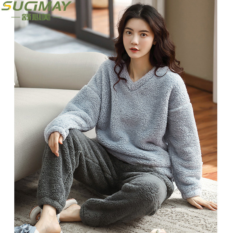 Lamb velvet pyjamas autumn winter ladies Thickened Warm Coral Suede Easy big code Flannel Spring Autumn Home Suit Suit