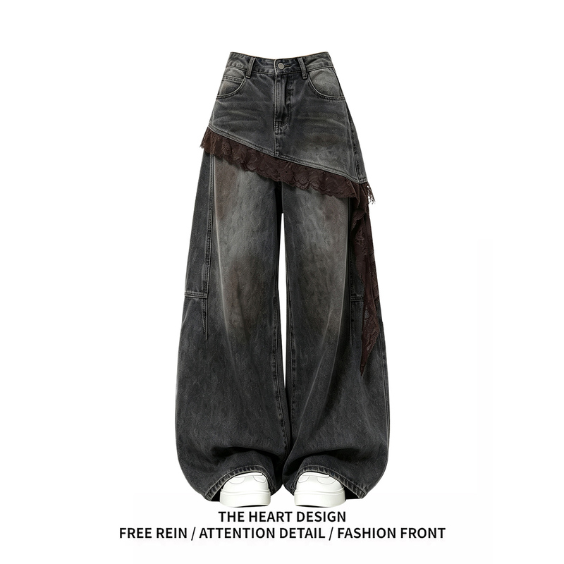 American Retro Patchwork Lace Hem Knife-Cut Jeans for Women, Autumn 2026 New Style, Faux Two-Piece Wide-Leg Long Pants American Retro Patchwork Lace Hem Knife-Cut Jeans for Women, Autumn 2026 New Style, Faux Two-Piece Wide-Leg Long Pants