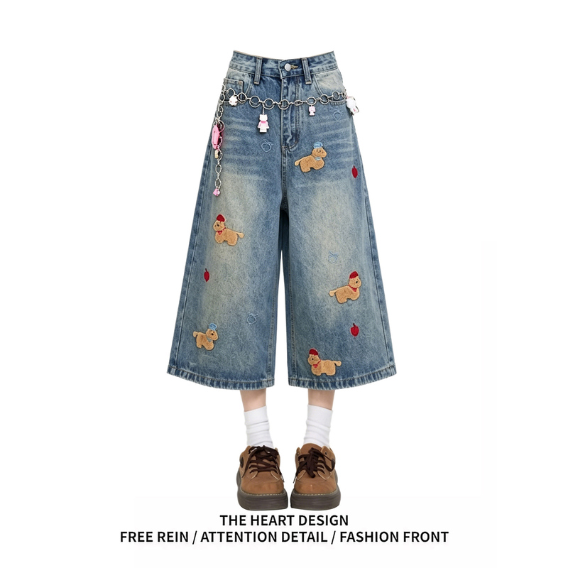 Fun Cartoon Embroidered Puppy Blue Denim Capri Pants for Women, Summer American Retro Niche Versatile Five-Point Shorts