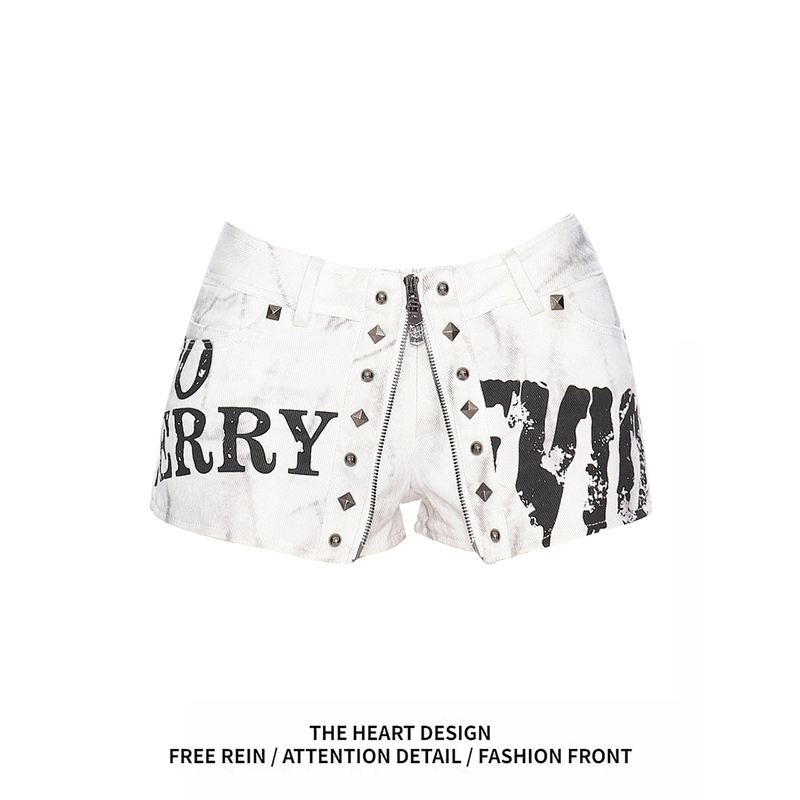 American-Style Hot Girl Studded Zipper Graffiti Shorts Skirt Women's Summer New Low-Waist Sexy Slimming Half Skirt Hot Pants