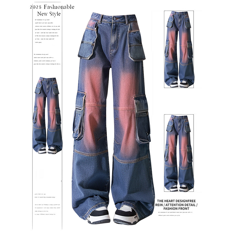 Liu Hao Cun's Same Style Blush Gradient Work Jeans for Women, Autum Design, Multi-Flap Pocket Pants, Loose Straight Wide-Leg Pants