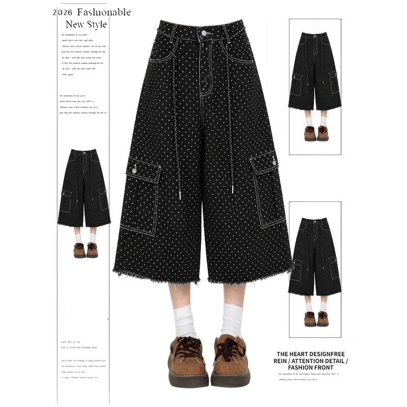 Workwear Style Large Pocket Polka Dot Frayed Hem Cropped Denim Wide-Leg Pants Summer 2026 Drawstring High-Waisted Short Casual Pants