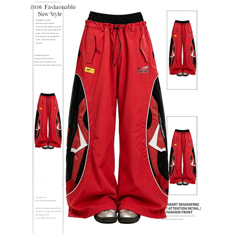American-Style Spicy Girl Sporty Deconstructed Patchwork Color-Block Casual Pants for Women, New Summer Loose Double-Waistband Wide-Leg Trousers American-Style Spicy Girl Sporty Deconstructed Patchwork Color-Block Casual Pants for Women, New Summer Loose Double-Waistband Wide-Leg Trousers