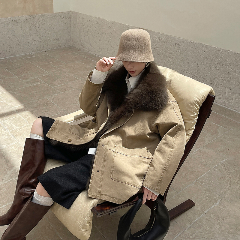 Fur Coat with Detachable Fox Fur and Goose down in a Cool Workwear Style, Inspired by the Island of Memory