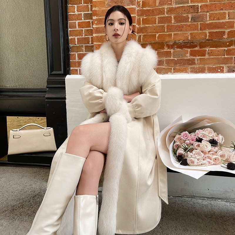 「チューリッヒ冬」新作フォックスファー大毛皮襟ファーコートレディースファーコートグースダウン裏地ロング