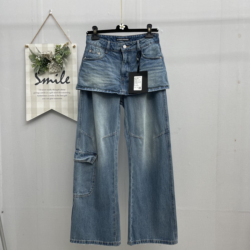 Sun&Sunshine Spring/Summer T98039 Non-Elastic Faux Two-Piece Denim Straight Wide-Leg Workwear Floor-Length Pants