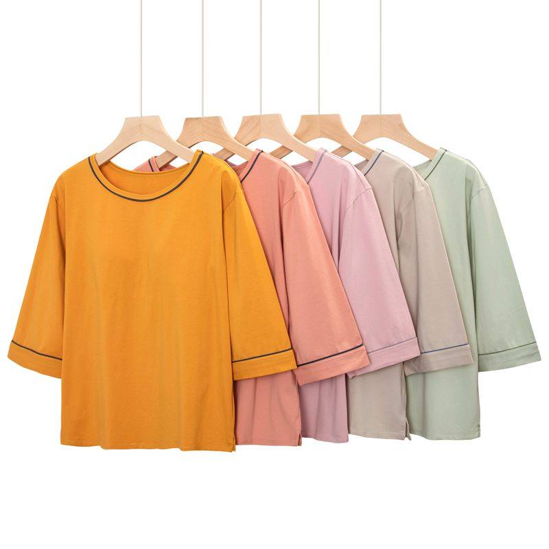 Pure cotton with chest cushion T-shirt female summer loose thin section 70% sleeve blouse bra cups one-piece home outwear