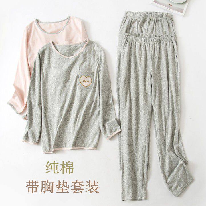 Women's autumn and winter pure cotton with chest pads long-sleeved pajamas bra-free cups all in one large size pajama pants home service two-piece suit