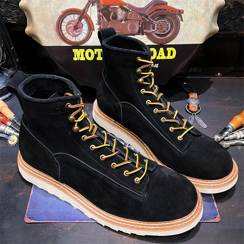 ins American retro genuine leather Anti-suede fur Short face Short boots Men's thick bottom High Help Martin Overalls Tide Shoes 100 lap-Taobao