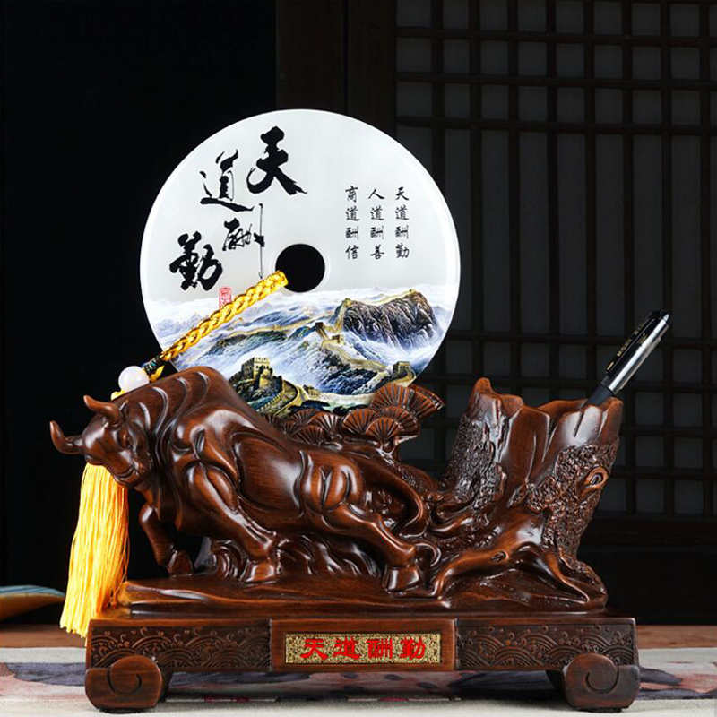Jade Ping An Buckle Cow Pen Holder Ornament Chairman Boss Office Desktop Decoration Send Teacher Leader Gift
