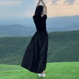 Черная летняя футболка, длинная юбка, французский стиль, подходит для подростков, яркий броский стиль, изысканный стиль