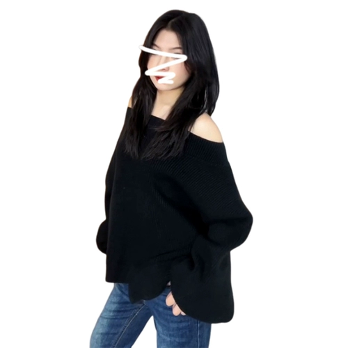 Черный весенний трикотажный свитер, изысканный стиль, открытые плечи, оверсайз