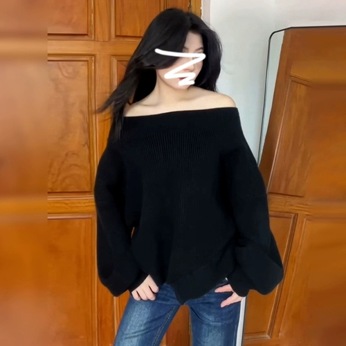 Черный весенний трикотажный свитер, изысканный стиль, открытые плечи, оверсайз