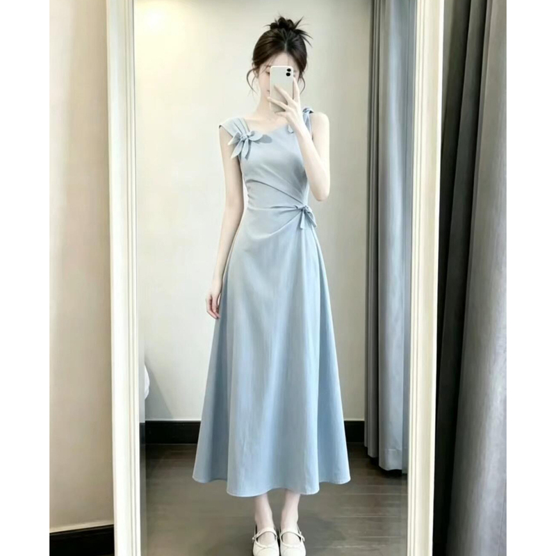 French-Style Summer Beautiful Blue Waist-Cinching Mini Dress Long Skirt for Women, Especially Pretty for Early Spring and Vacation
