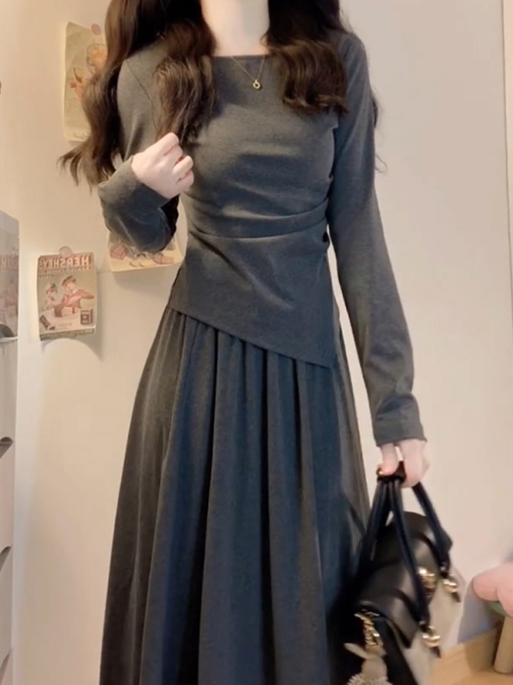 小个子早秋氛围感穿搭灰色连衣裙子女秋季新款收腰显瘦高级感长裙