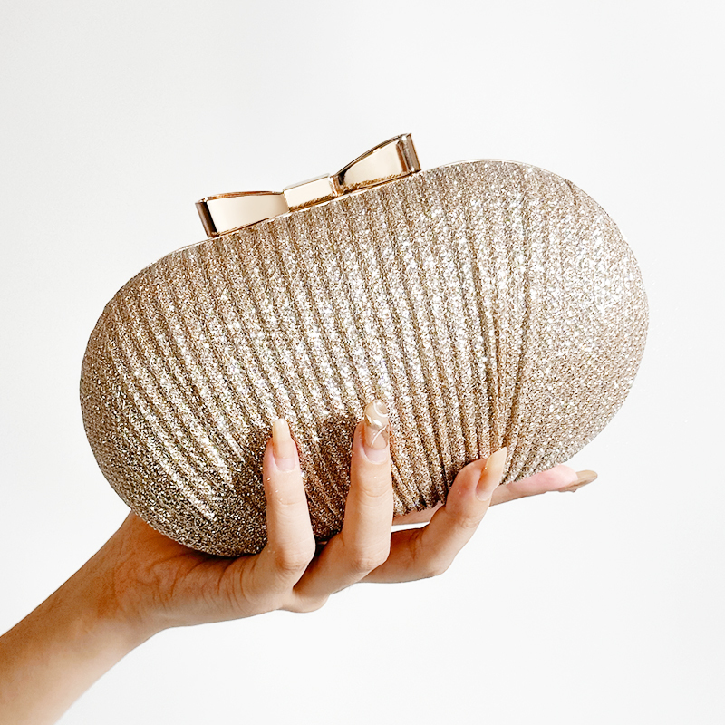 2025 New Shiny Pleated Metallic Bow Egg-Shaped Clutch Evening Bag Fashionable Versatile Women's Chain Bag