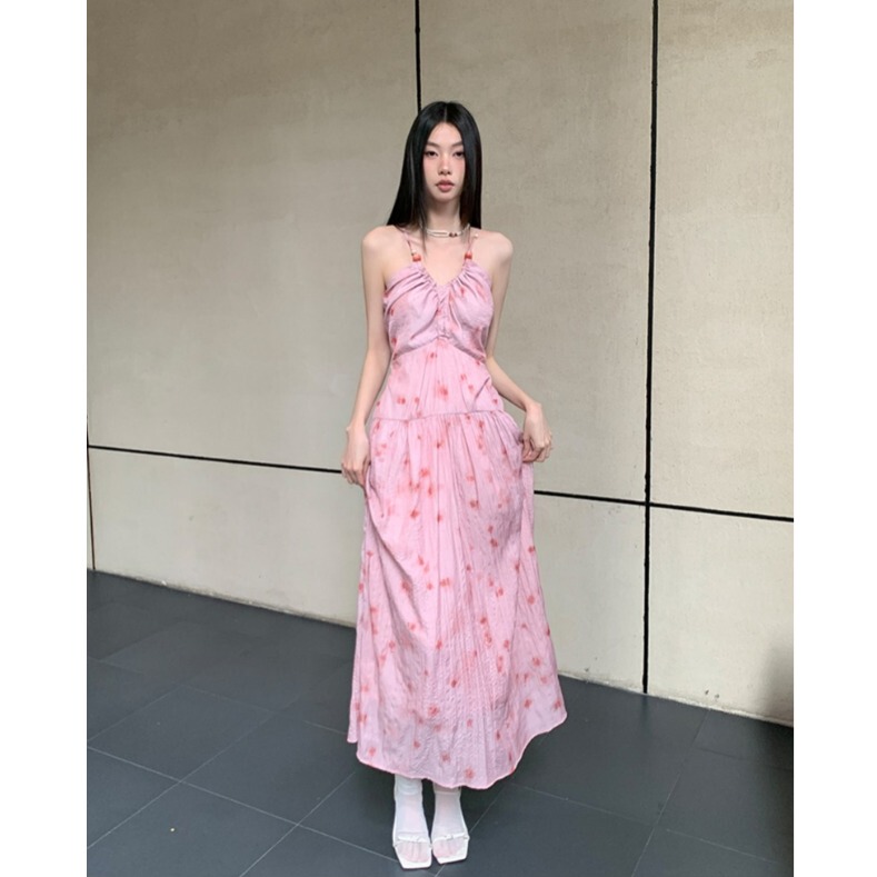 French-Style Elegant Holiday-Inspired Printed Pleated Dress with Back Cutout and Beading, Summer Spaghetti Strap Flared Dress for Women