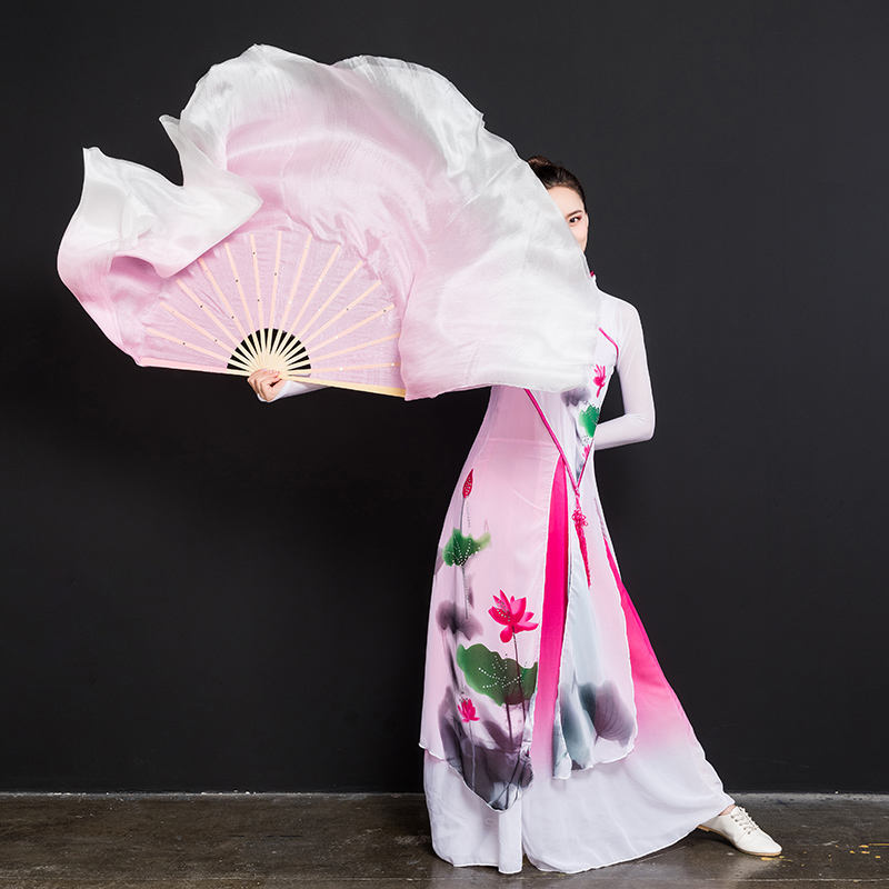 Real Silk Dance Fan Dancing Fan Lotus Root Powder Pour Dyeing Gradual Layer Color Classical Dance Rubber State Rice Seedling Song Bifacial Lengthened Silk Fan