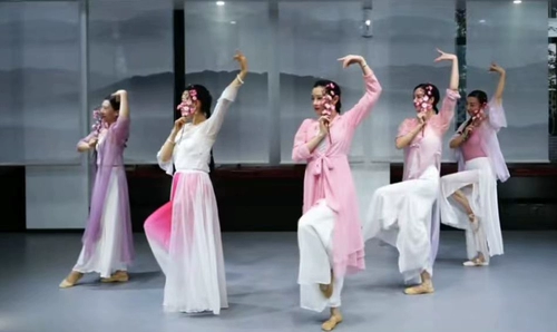 Классические танцы выходят из -за сжигания своих китайских симуляционных слив, персика сливы, розовые дети исполняют танцевальные реквизиты