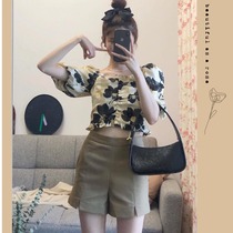 Korean style chic retro printed chiffon shirt foreign short sleeve wooden ear top loose high waist wide leg suit shorts