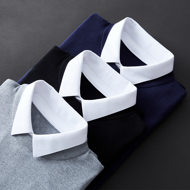 Spring and Autumn Casual Knitwear Cotton Inner Layer Base Shirt Men's Fake Two-Piece Shirt Collar Men's Sweater Gray Youth