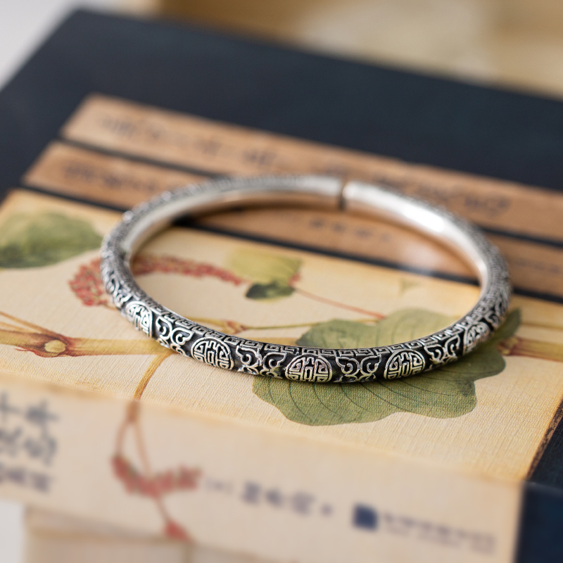 Zen Hall Foot Silver 999 Back to print Xiang Cloud opening round bar solid pure silver bracelet